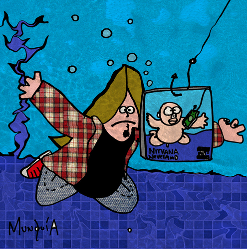 Cartoon: grunge fishing (medium) by Munguia tagged generation,rock,caricatura,humor,rica,costa,munguia,90s,grunge,fishing,underwater,pool,parodies,parody,cover,baby,nirvana,years,20,nevermind