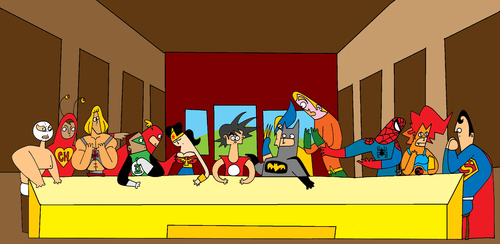 Cartoon: Last Supper hero (medium) by Munguia tagged goku,dragon,ball,chapulin,batman,da,vinci,code,munguia,wonder,woman,spiderman,super,heroes,comics