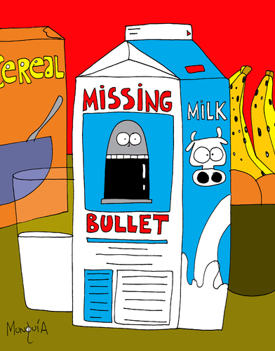 Cartoon: Missing Bullet (medium) by Munguia tagged missing,bullet,milk,box,bala,perdida,munguia,costa,rica,humor,grafico,caricatura,gag,chiste,joke,cartoon,toon
