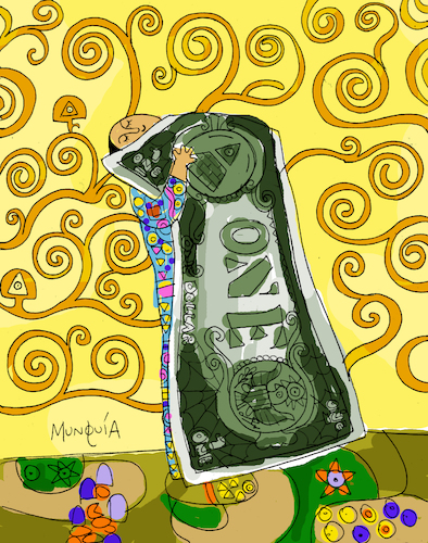 Cartoon: Money love (medium) by Munguia tagged tree,of,life,klimt,hug,abrazo,arbol,de,la,vida,gustav,bill,dollar,money,dinero