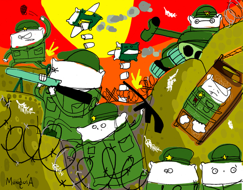 Cartoon: Pillow war (medium) by Munguia tagged pillow,war,literal,humor,cartoon,caricatura,costa,rica,munguia,calcamunguias,tank,trinchera