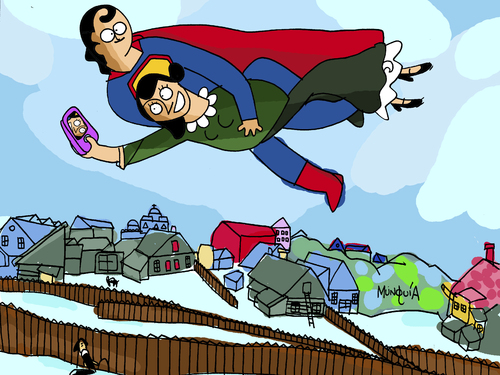 Cartoon: Super Selfie (medium) by Munguia tagged over,the,town,marc,chagall,parody,painting,flying,superman,louis,lane,selfie,cellphone