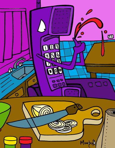 Cartoon: telephone cut (medium) by Munguia tagged telephone,phone,cut,line,kitchen,accident,blood,onion,knife