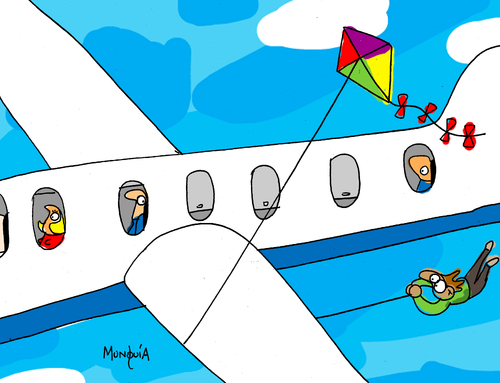 Cartoon: The Danger of flying kites (medium) by Munguia tagged caricatura,cartoon,rica,costa,munguia,airline,accident,flying,fly,air,plane,kite