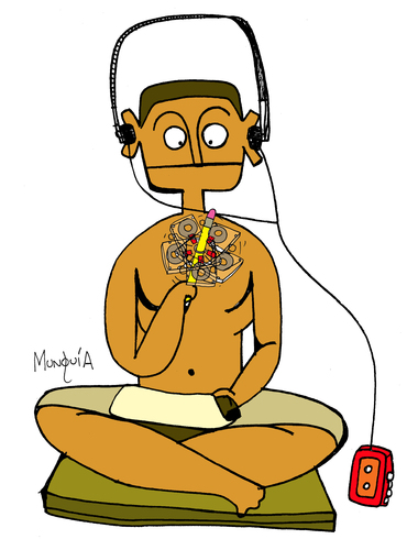 Cartoon: The rewinder (medium) by Munguia tagged futuristic,grafico,humor,rica,costa,munguia,music,writer,pencil,cassette,walkman,egyptian,sculpture,famous,parody,cartoon,sentado,escriba,scribe,seated,the,spiral,centrifugal,representation