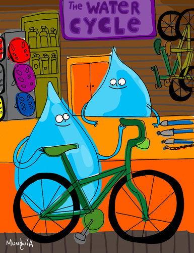 Cartoon: The Water Cycle (medium) by Munguia tagged cycle,shop,water,drop,bike,bicycle,store,agua,ciclo,del,munguia,calcamunguias,costa,rica,humor,grafico,literal