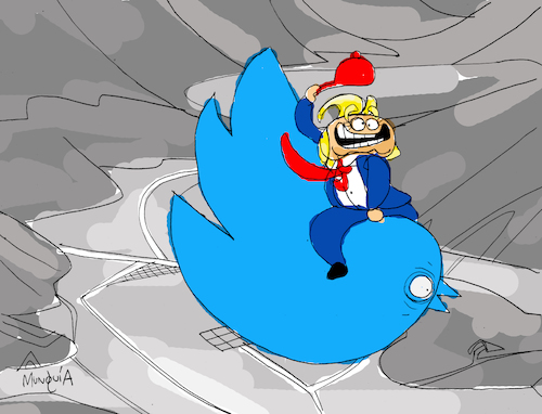 Cartoon: Twitter Bomb (medium) by Munguia tagged donald,trump,twitter,bird,logo,red,hat,kubrick,droping,bomb,dr,strangelove,cowboy,stanley
