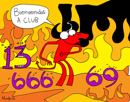 Cartoon: Welcome to the Club (medium) by Munguia tagged hell,parody,new,fake,fire,rica,costa,munguia,pisuicas,devil,number,wrong,bad,vatican,69,13,666