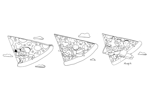 Cartoon: Pizza Flyers - Volantes de Pizza (medium) by Munguia tagged comic,pizzapitch,pizza,delta,food,egypt,pyramid,delivery,flyers,volantes