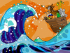 Cartoon: this way! (small) by Munguia tagged noah,ark,noe,hokusai,big,wave,mar,turbulento,painting,japon,curving,art,parodies,parody,munguia,calcamunguias,animals,zoo,tsunami