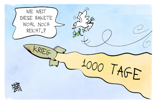 Cartoon: 1000 Tage Krieg (medium) by Kostas Koufogiorgos tagged karikatur,koufogiorgos,krieg,reichweite,waffe,ukraine,karikatur,koufogiorgos,krieg,reichweite,waffe,ukraine