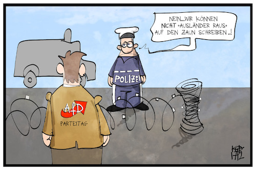 Cartoon: AfD-Parteitag (medium) by Kostas Koufogiorgos tagged karikatur,koufogiorgos,illustration,cartoon,afd,parteitag,polizei,polizeischutz,ausländer,raus,fremdenfeindlichkeit,partei,karikatur,koufogiorgos,illustration,cartoon,afd,parteitag,polizei,polizeischutz,ausländer,raus,fremdenfeindlichkeit,partei