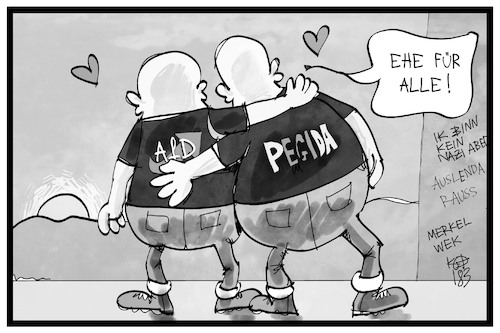 Cartoon: AfD und Pegida (medium) by Kostas Koufogiorgos tagged karikatur,koufogiorgos,illustration,cartoon,afd,pegida,annäherung,ehe,liebe,zusammenschluss,populismus,karikatur,koufogiorgos,illustration,cartoon,afd,pegida,annäherung,ehe,liebe,zusammenschluss,populismus