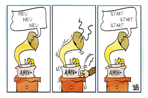 Cartoon: Ampel-Neustart (medium) by Kostas Koufogiorgos tagged karikatur,koufogiorgos,ampel,neustart,grammophon,platte,sprung,karikatur,koufogiorgos,ampel,neustart,grammophon,platte,sprung