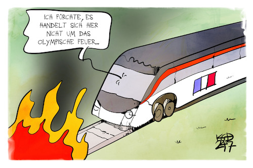Cartoon: Brandanschlag auf SNCF (medium) by Kostas Koufogiorgos tagged karikatur,koufogiorgos,sncf,zug,anschlag,feuer,flamme,olympia,bahn,karikatur,koufogiorgos,sncf,zug,anschlag,feuer,flamme,olympia,bahn