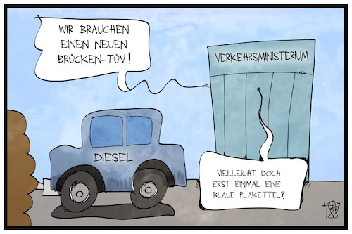 Cartoon: Brücken-TÜV (medium) by Kostas Koufogiorgos tagged karikatur,koufogiorgos,illustration,cartoon,brücke,auto,tüv,plakette,scheuer,verkehrsministerium,dieselgate,abgasskandal,karikatur,koufogiorgos,illustration,cartoon,brücke,auto,tüv,plakette,scheuer,verkehrsministerium,dieselgate,abgasskandal