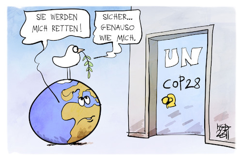 Cartoon: COP 28 (medium) by Kostas Koufogiorgos tagged karikatur,koufogiorgos,cop,klimakonferenz,un,erde,friedenstaube,karikatur,koufogiorgos,cop,klimakonferenz,un,erde,friedenstaube