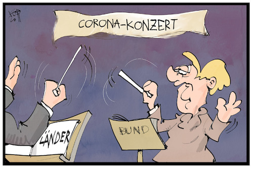 Cartoon: Corona-Konzert (medium) by Kostas Koufogiorgos tagged karikatur,koufogiorgos,illustration,cartoon,corona,streit,takt,dirigent,merkel,bund,länder,pandemie,karikatur,koufogiorgos,illustration,cartoon,corona,streit,takt,dirigent,merkel,bund,länder,pandemie