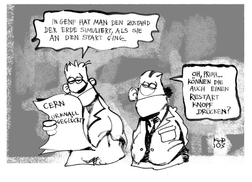 Cartoon: Das Urknall-Projekt (medium) by Kostas Koufogiorgos tagged cern,lhc,genf,erde,urknall,welt,restart,neustart,wissenschaft,physik,atom