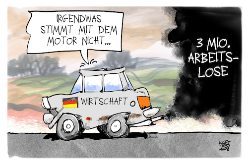 Cartoon: Der deutsche Motor stottert (medium) by Kostas Koufogiorgos tagged karikatur,koufogiorgos,motor,auto,arbeitslosigkeit,rauch,wirtschaft,karikatur,koufogiorgos,motor,auto,arbeitslosigkeit,rauch,wirtschaft