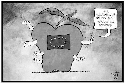 Cartoon: Der neue Populist aus Schweden (medium) by Kostas Koufogiorgos tagged karikatur,koufogiorgos,illustration,cartoon,schweden,populist,apfel,europa,eu,faul,populismus,europäische,union,karikatur,koufogiorgos,illustration,cartoon,schweden,populist,apfel,europa,eu,faul,populismus,europäische,union