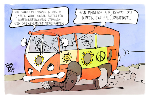 Cartoon: Die Grünen (medium) by Kostas Koufogiorgos tagged karikatur,koufogiorgos,grüne,partei,vision,bus,waffen,asylrecht,kiffen,peace,karikatur,koufogiorgos,grüne,partei,vision,bus,waffen,asylrecht,kiffen,peace