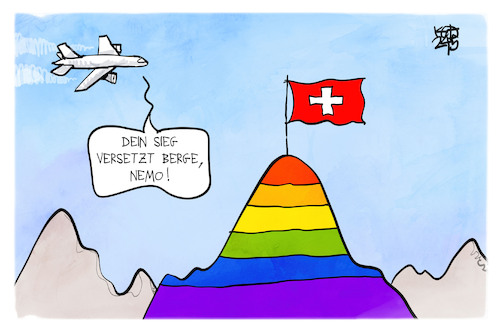 Cartoon: Die Schweiz gewinnt den ESC (medium) by Kostas Koufogiorgos tagged karikatur,koufogiorgos,esc,schweiz,berg,queer,gender,karikatur,koufogiorgos,esc,schweiz,berg,queer,gender