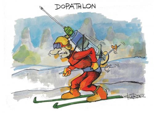 Cartoon: dopathlon (medium) by Kostas Koufogiorgos tagged doping,biathlon,olympische,spiele,doping,biathlon,olympische,spiele,turin,verdacht,unfair,unsportlich,spritze,drogen,aufputschmittel,ski,spikes,eis,schnee,waffe,ziele,rennen,olympische spiele