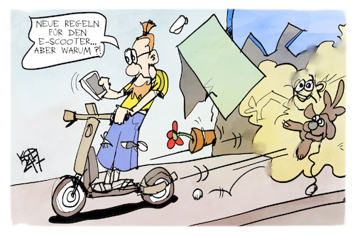 Cartoon: E-Scooter (medium) by Kostas Koufogiorgos tagged karikatur,koufogiorgos,escooter,regel,gesetz,verkehr,rücksicht,karikatur,koufogiorgos,escooter,regel,gesetz,verkehr,rücksicht