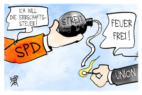 Cartoon: Erbschaftssteuer (medium) by Kostas Koufogiorgos tagged karikatur,koufogiorgos,spd,erbschaftssteuer,bombe,streit,union,koalition,karikatur,koufogiorgos,spd,erbschaftssteuer,bombe,streit,union,koalition