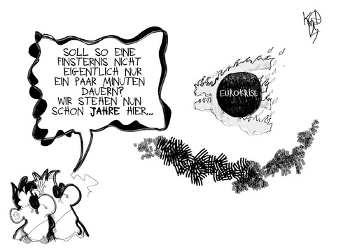 Cartoon: Euro-Krise (medium) by Kostas Koufogiorgos tagged euro,schulden,krise,europa,währung,geld,finsternis,wirtschaft,sonne,karikatur,kostas,koufogiorgos,euro,schulden,europa,währung