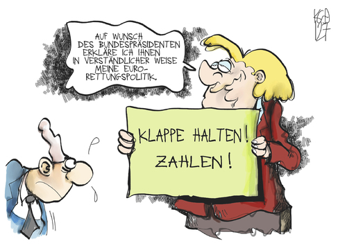 Cartoon: Euro-Rettungspolitik (medium) by Kostas Koufogiorgos tagged gauck,merkel,michel,deutschland,euro,schulden,krise,rettung,politik,karikatur,kostas,koufogiorgos,gauck,merkel,schulden,krise