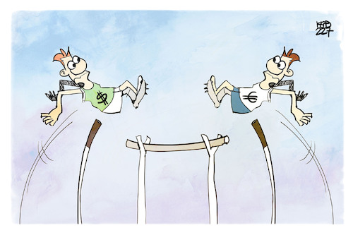 Cartoon: Euro und Dollar (medium) by Kostas Koufogiorgos tagged karikatur,koufogiorgos,dollar,euro,währung,parität,hochsprung,geld,wirtschaft,karikatur,koufogiorgos,dollar,euro,währung,parität,hochsprung,geld,wirtschaft