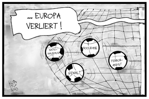Cartoon: Europa verliert (medium) by Kostas Koufogiorgos tagged karikatur,koufogiorgos,illustration,cartoon,europa,tor,spiel,fussball,verlieren,nationalismus,terrorangst,terrrorismus,hooligans,gewalt,probleme,em,europameisterschaft,karikatur,koufogiorgos,illustration,cartoon,europa,tor,spiel,fussball,verlieren,nationalismus,terrorangst,terrrorismus,hooligans,gewalt,probleme,em,europameisterschaft