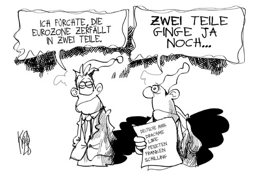 Cartoon: Eurozone (medium) by Kostas Koufogiorgos tagged koufogiorgos,kostas,europa,karikatur,wirtschaft,michel,krise,zerfall,eurozone,schulden,euro,geld,währung