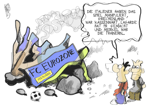 Cartoon: FC Eurozone (medium) by Kostas Koufogiorgos tagged fc,fussball,euro,zone,schulden,krise,europa,italien,wettskandal,manipulation,merkel,lagarde,griechenland,wirtschaft,sport,karikatur,kostas,koufogiorgos,fc,fussball,schulden,europa,italien,wettskandal,manipulation