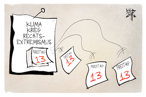 Cartoon: Freitag der 13. (medium) by Kostas Koufogiorgos tagged karikatur,koufogiorgos,freitag,kalender,klima,krieg,rechtsextremismus,karikatur,koufogiorgos,freitag,kalender,klima,krieg,rechtsextremismus