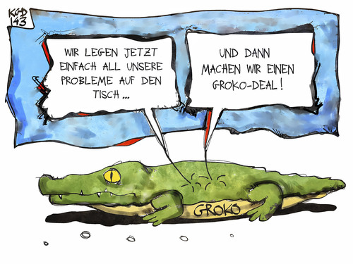 Cartoon: GroKo-Deal (medium) by Kostas Koufogiorgos tagged koufogiorgos,karikatur,illustration,cartoon,groko,grokodeal,innenpolitik,regierung,koalition,krokodil,spd,csu,cdu,politik,koufogiorgos,karikatur,illustration,cartoon,groko,grokodeal,innenpolitik,regierung,koalition,krokodil,spd,csu,cdu,politik