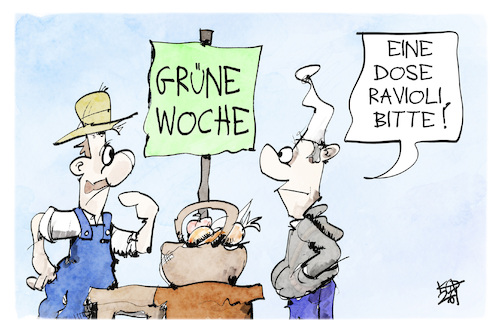 Cartoon: Grüne Woche vs. Fertiggerichte (medium) by Kostas Koufogiorgos tagged karikatur,koufogiorgos,grüne,woche,ravioli,fertiggericht,karikatur,koufogiorgos,grüne,woche,ravioli,fertiggericht