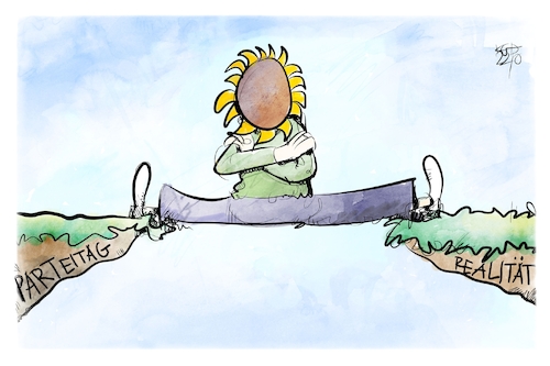 Cartoon: Grünen-Parteitag (medium) by Kostas Koufogiorgos tagged karikatur,koufogiorgos,grüne,parteitag,realität,spagat,partei,abgrund,karikatur,koufogiorgos,grüne,parteitag,realität,spagat,partei,abgrund