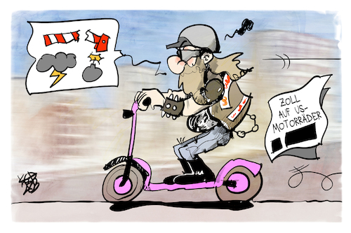 Cartoon: Handelskrieg (medium) by Kostas Koufogiorgos tagged karikatur,koufogiorgos,usa,harley,roller,motorrad,rocker,zölle,karikatur,koufogiorgos,usa,harley,roller,motorrad,rocker,zölle