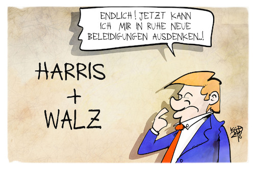 Cartoon: Harris und Walz (medium) by Kostas Koufogiorgos tagged karikatur,koufogiorgos,harris,trump,usa,running,mate,vize,beleidigung,walz,karikatur,koufogiorgos,harris,trump,usa,running,mate,vize,beleidigung,walz