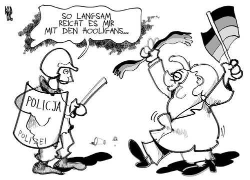 Cartoon: Hooligans (medium) by Kostas Koufogiorgos tagged merkel,polizei,danzig,fussball,hooligan,fan,em,europa,meisterschaft,karikatur,kostas,koufogiorgos,merkel,polizei,danzig,fussball,hooligan