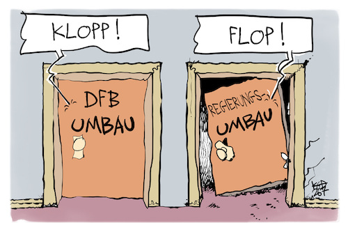 Cartoon: Klopp oder Flop (medium) by Kostas Koufogiorgos tagged karikatur,koufogiorgos,klopp,dfb,fußball,flop,regierung,umbau,tür,karikatur,koufogiorgos,klopp,dfb,fußball,flop,regierung,umbau,tür