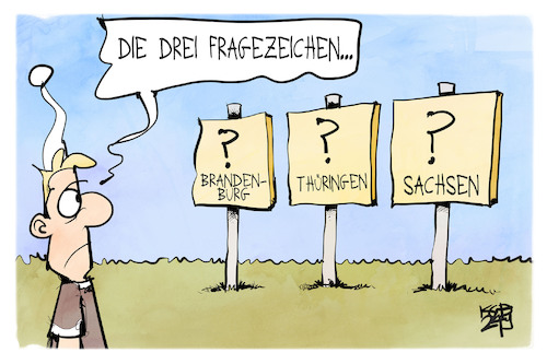 Cartoon: Landtagswahlen (medium) by Kostas Koufogiorgos tagged karikatur,koufogiorgos,landtagswahl,thüringen,sachsen,brandenburg,fragezeichen,demokratie,karikatur,koufogiorgos,landtagswahl,thüringen,sachsen,brandenburg,fragezeichen,demokratie