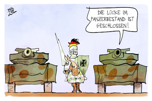 Cartoon: Lücken im Panzerbestand (medium) by Kostas Koufogiorgos tagged karikatur,koufogiorgos,panzer,bundeswehr,ritter,verteidigung,karikatur,koufogiorgos,panzer,bundeswehr,ritter,verteidigung