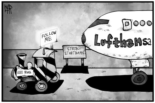 Cartoon: Lufthansa-Streik (medium) by Kostas Koufogiorgos tagged karikatur,koufogiorgos,illustration,cartoon,lufthansa,streik,follow,me,flughafen,landebahn,evg,gdl,bahn,lokomotive,arbeitskampf,karikatur,koufogiorgos,illustration,cartoon,lufthansa,streik,follow,me,flughafen,landebahn,evg,gdl,bahn,lokomotive,arbeitskampf