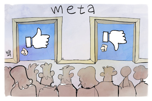 Cartoon: Massenentlassungen bei Meta (medium) by Kostas Koufogiorgos tagged karikatur,koufogiorgos,meta,facebook,mitarbeiter,entlassungen,daumen,logo,karikatur,koufogiorgos,meta,facebook,mitarbeiter,entlassungen,daumen,logo
