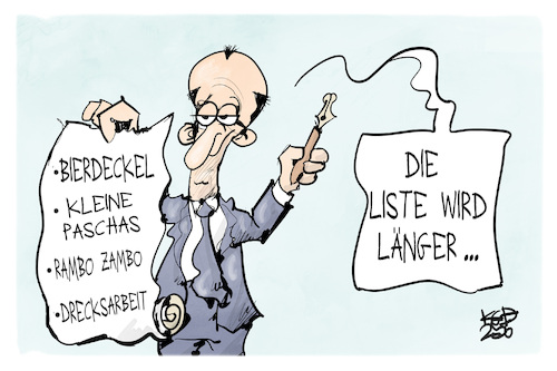 Cartoon: Merz-Liste (medium) by Kostas Koufogiorgos tagged koufogiorgos,karikatur,merz,liste,bierdeckel,pascha,drecksarbeit,rambo,zambo,koufogiorgos,karikatur,merz,liste,bierdeckel,pascha,drecksarbeit,rambo,zambo