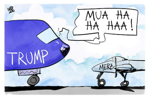 Cartoon: Merz trifft Trump (medium) by Kostas Koufogiorgos tagged karikatur,koufogiorgos,trump,merz,flugzeug,lachen,klein,groß,karikatur,koufogiorgos,trump,merz,flugzeug,lachen,klein,groß